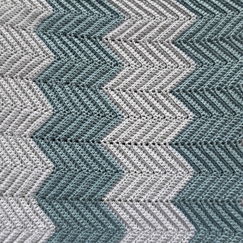 Handmade Crochet Chevron Ripple Afghan 59.5x36.25 Light Blue White Throw Blanket